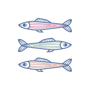 Può includere: Tre disegni di pesci blu con strisce di colori diversi. Il pesce in alto ha strisce rosa, il pesce al centro ha strisce verdi e il pesce in basso ha strisce arancioni.