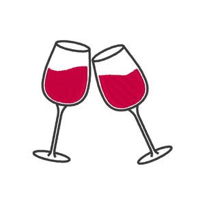 May include: Two wine glasses filled with red wine, clinking together in a celebratory toast.