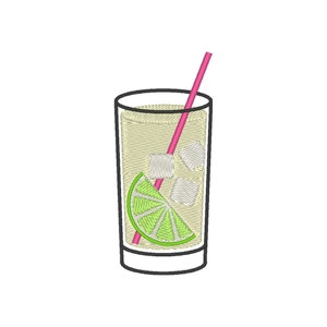 May include: A tall glass filled with a light yellow liquid, ice cubes, and a lime wedge. A pink straw sticks out of the top of the glass.