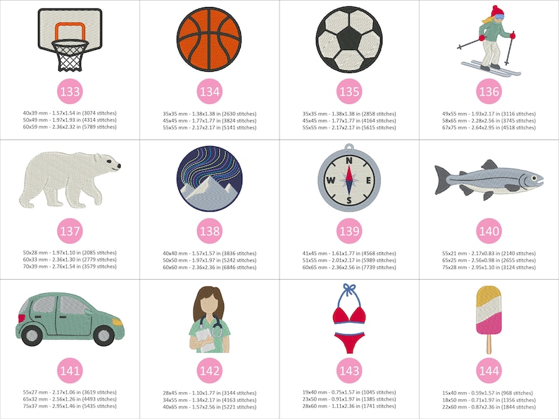 Puede incluir: Parches bordados con dise&ntilde;os variados: canasta de baloncesto, bal&oacute;n de baloncesto, bal&oacute;n de f&uacute;tbol, esquiador, oso polar, paisaje monta&ntilde;oso, br&uacute;jula, pez, coche, enfermera, bikini y helado. Medidas en cm.