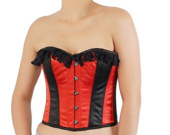 Red and Black Satin Corset with Frill Costume High-Waist Overbust Bustier