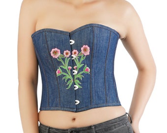 Blue Denim Thread Floral Work Design Crop High-Waisted Overbust Women Corset