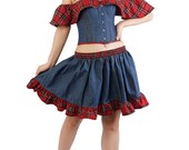 Blue Denim Flannel Cotton Off Shoulder High Waist Overbust Corset Top