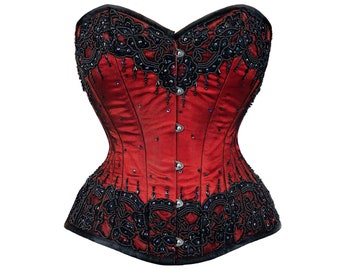 Red Satin Sequins Burlesque Corset Bustier Overbust Mother's Day Costume Top