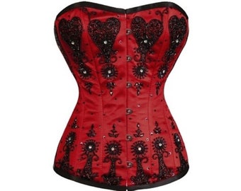 Top bustier con corsetto burlesque overbust in raso rosso con paillettes nere