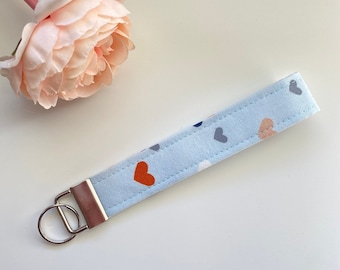 Light Blue Hearts Fabric Keychain Wristlet, Key Fob Wristlet, Girly Keychain, Wrist Keychain, Keychain for Women, Valentine’s Day Collection