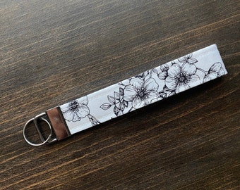 Black & White Floral Outline Fabric Keychain Wristlet, Key Fob Wristlet, Floral Key Fob, Girly Keychain, Wrist Keychain, Keychain for Women
