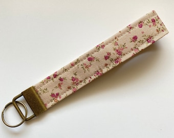 Beige Floral Fabric Keychain Wristlet, Key Fob Wristlet, Floral Key Fob, Girly Keychain, Wrist Keychain, Keychain for Women