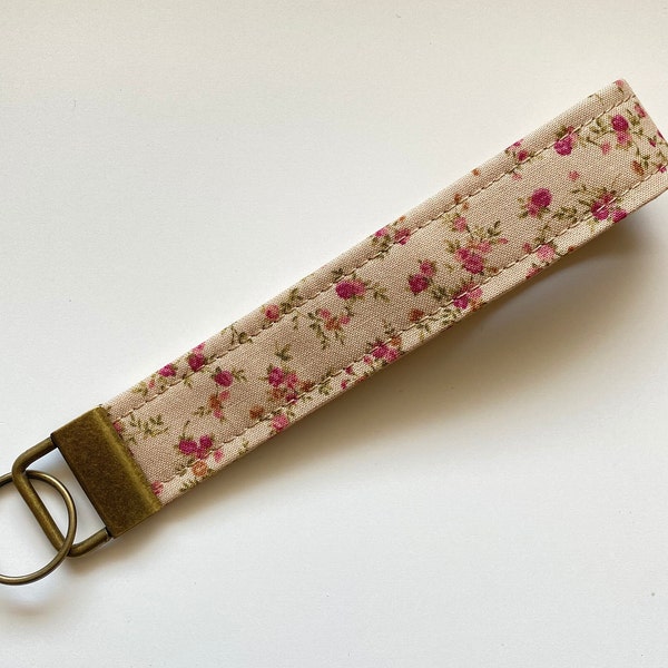 Beige Floral Fabric Keychain Wristlet, Key Fob Wristlet, Floral Key Fob, Girly Keychain, Wrist Keychain, Keychain for Women