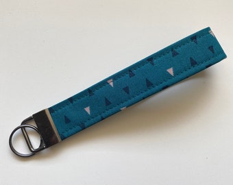 Teal Triangle Fabric Keychain Wristlet, Key Fob Wristlet, Floral Key Fob, Girly Keychain, Wrist Keychain, Keychain for Women and Men