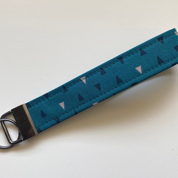 Teal Triangle Fabric Keychain Wristlet, Key Fob Wristlet, Floral Key Fob, Girly Keychain, Wrist Keychain, Keychain for Women and Men