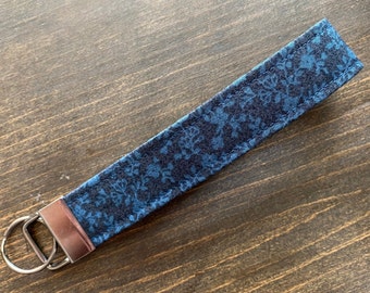 Dark Blue Floral Fabric Keychain Wristlet, Key Fob Wristlet, Floral Key Fob, Girly Keychain, Wrist Keychain, Keychain for Women