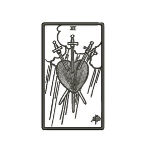 May include: A rectangular embroidered patch featuring a black and white line art design of the Three of Swords tarot card. The image depicts a central heart pierced by three swords, surrounded by stylized clouds and rain, with the Roman numeral III.