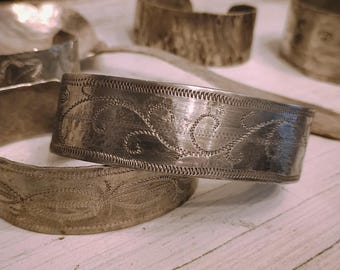 Handwrought in Edenton North Carolina- Engraved 18th Century Motif- Pewter Cuff Bracelet!