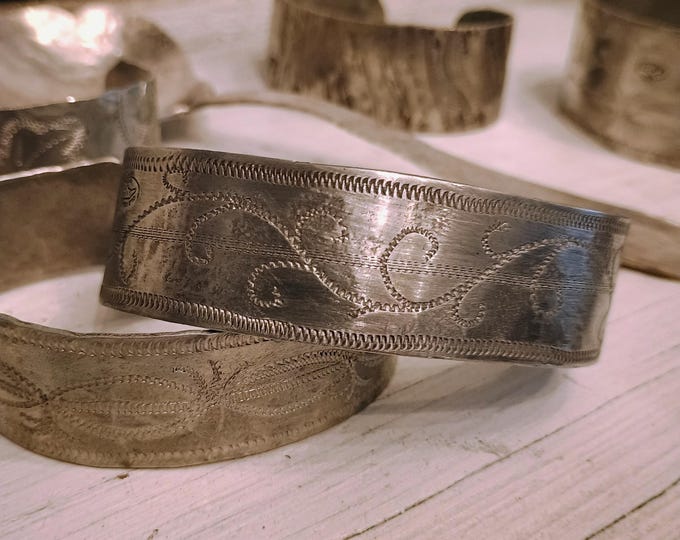 Handwrought in Edenton North Carolina- Engraved 18th Century Motif- Pewter Cuff Bracelet!