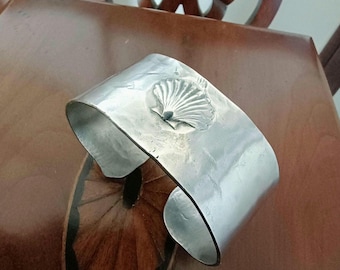 Handwrought in Edenton North Carolina- Georgian Scallop Shell motif- Pewter Cuff Bracelet!