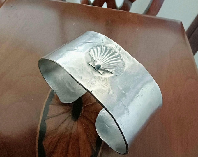 Handwrought in Edenton North Carolina- Georgian Scallop Shell motif- Pewter Cuff Bracelet!