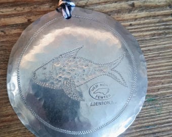 Hand Engraved "English delft fish" pewter ornament- made in Edenton North Carolina