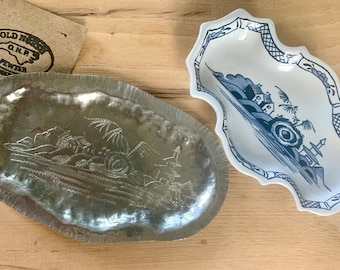 Hand Engraved Pewter Tray: Delft Inspired Chinoiserie Design