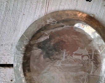 Hand Engraved Pewter Platter, Chinoiserie Landscape, 18th Century Style