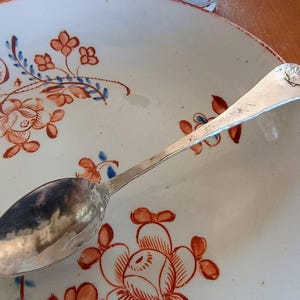Pode incluir: Uma colher de prata com um desenho de concha na alça repousa sobre um prato branco decorado com padrões florais laranja e azul. A tigela da colher reflete o ambiente.