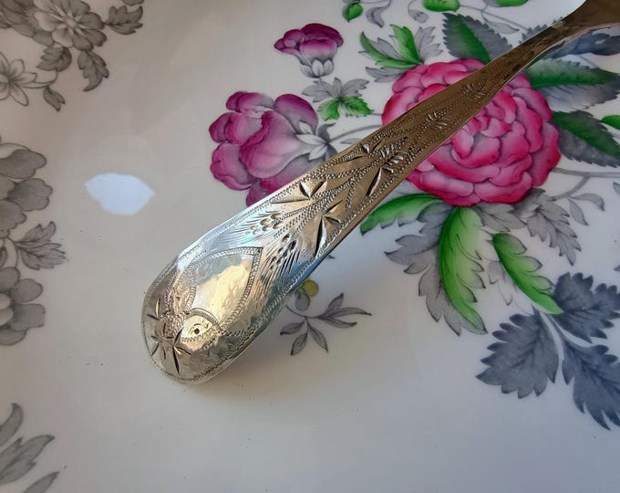 Hand Wrought Coin Silver Serving Spoon, Engraved Harvest Wheat, Edenton NC