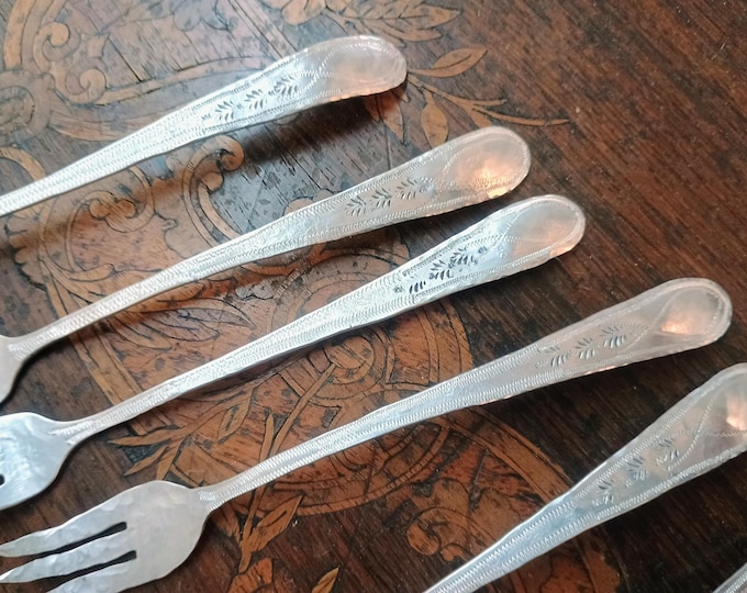 Hand Forged Sterling Silver Cocktail Forks, Hand Engraved, North Carolina Silversmith
