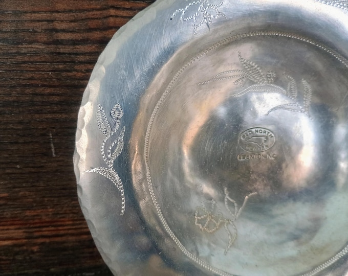 Handwrought, Hand Engraved Rose Dish by Old North Pewter NC MADE