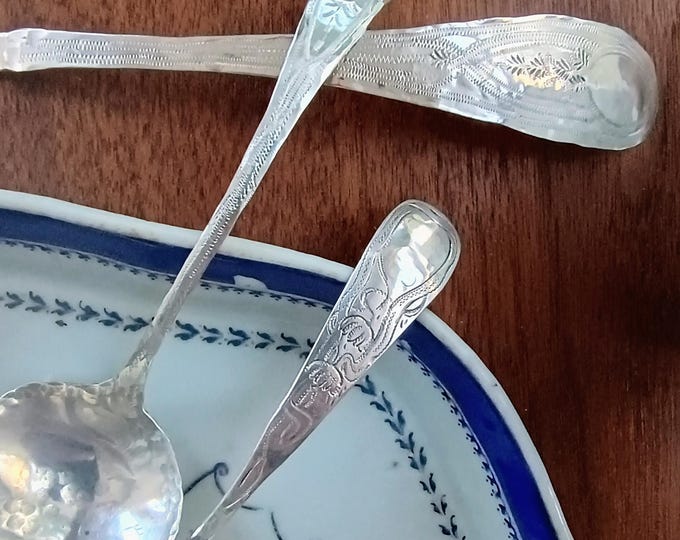Hand Forged Solid Coin Silver “flowers” engraved Teaspoon / Serving spoon! Edenton North Carolina made!