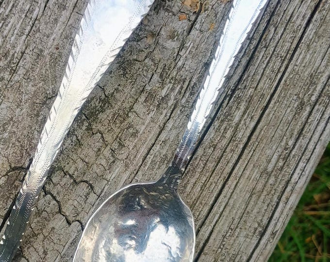 Hand Wrought Sterling Silver Serving Spoon - Engraved Feather Edge