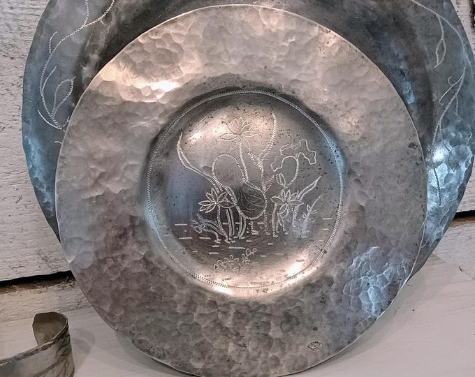 Handmade Pewter Plate: North Carolina, Engraved Floral Design