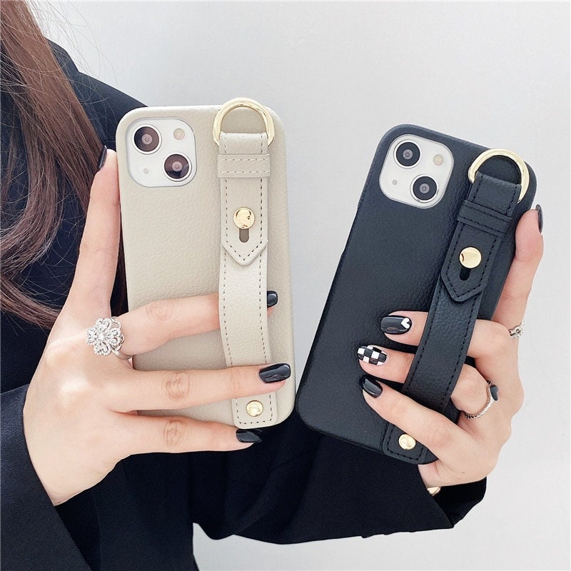 For iPhone 14 Pro Max 13 12 11 XS XR 7 8 Luxury Leather Wrist Strap Square  Case