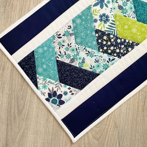 May include: A quilted table runner with a patchwork design. The runner features a navy blue border, white trim, and a central pattern of floral fabrics in teal, navy, and green. The fabrics have various floral patterns.