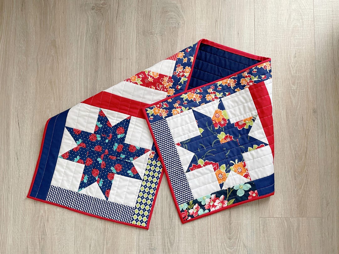 Quilted Patriotic Table Runner, Red White Blue Stars, Summer Floral ...