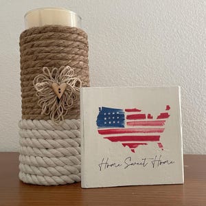 Patriotic Wood Block Sign, Tier Tray Shelf Sitter, USA Flag Home Sweet Home Decor