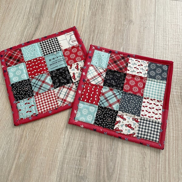 Set of 2 Large Handmade Patriotic Potholders, Quilted Hot Pads