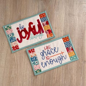 Embroidered Quilted Mug Rug - 6 x 10 Handmade Patchwork Snack Mat with Scripture