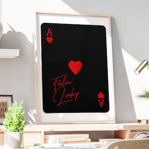 Impressão de ás de copas, pôster de cartas de baralho, arte de parede inspiradora para impressão, sinal estético, cartão de ás preto e vermelho moderno, DOWNLOAD INSTANTÂNEO