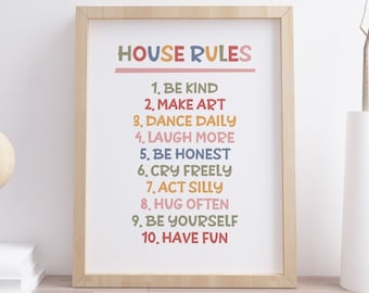 House Rules Print, Cute Boho Living Room Poster, Entry Room Printable Art, Kids Room Decor, Playroom Sign, Family Quote, INSTANT DOWNLOAD