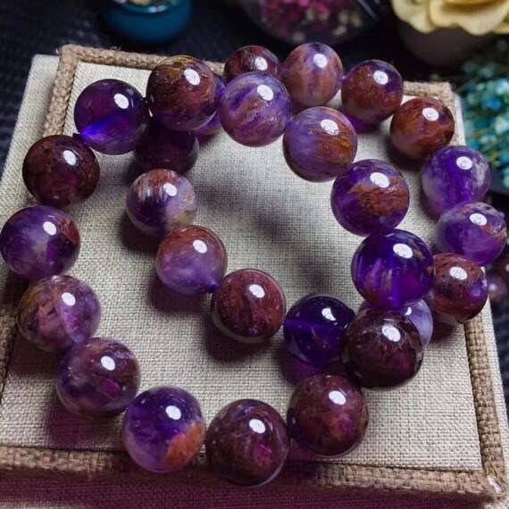 12mm Natural Purple Phantom Quartz Cacoxenite Gemstone Stretch Crystal Round Bead Bracelet
