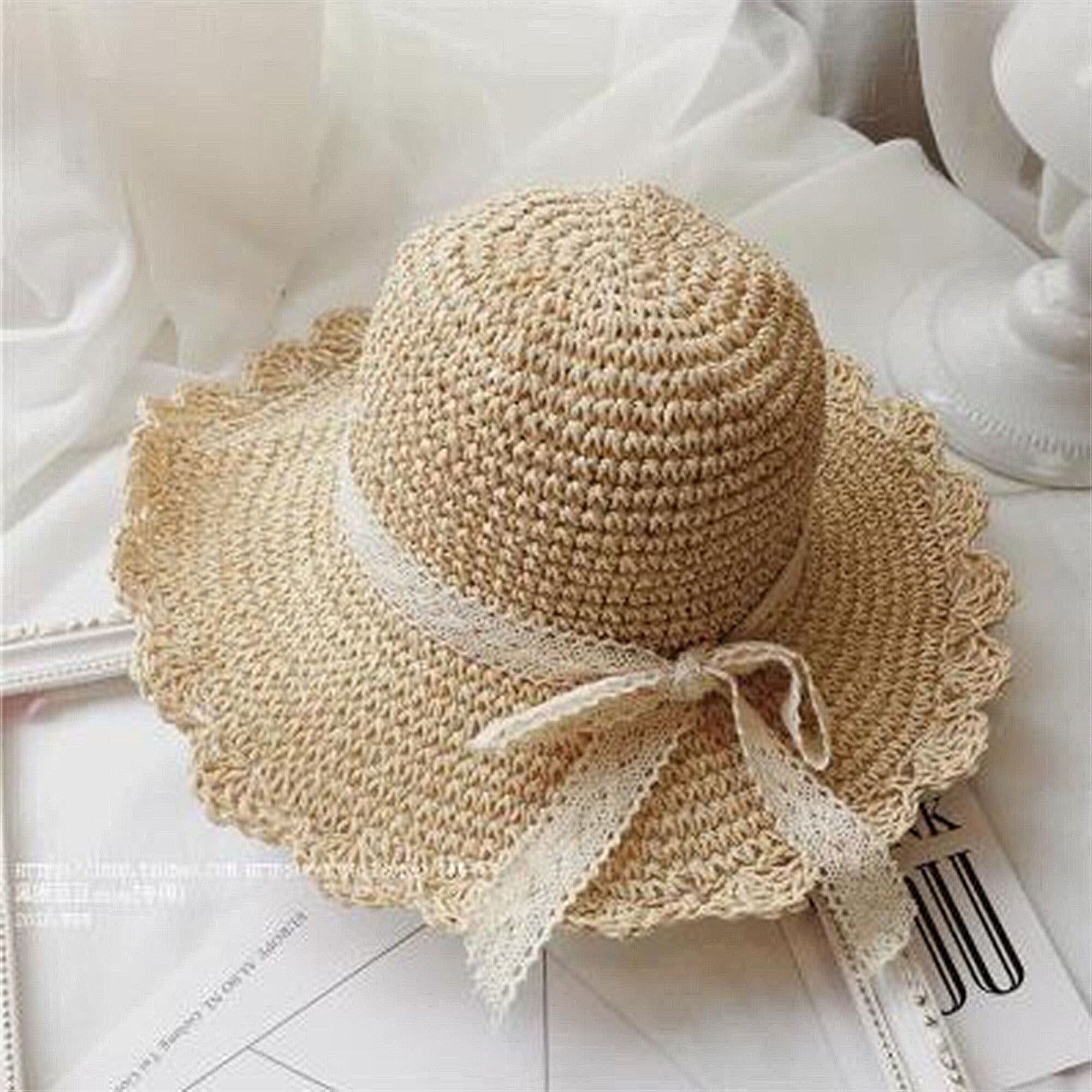 Straw Hat With Lace Bow Handmade Crochet Straw Hat Wide Brim Etsy