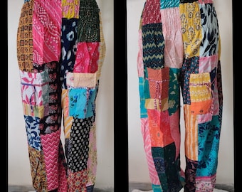 Set Of 2 Patchwork Harem Pants, Multicolor Assorted Patchwork Pants, Handmade Patchwork Harem Pants With Pockets, Elastic High Waist Pants