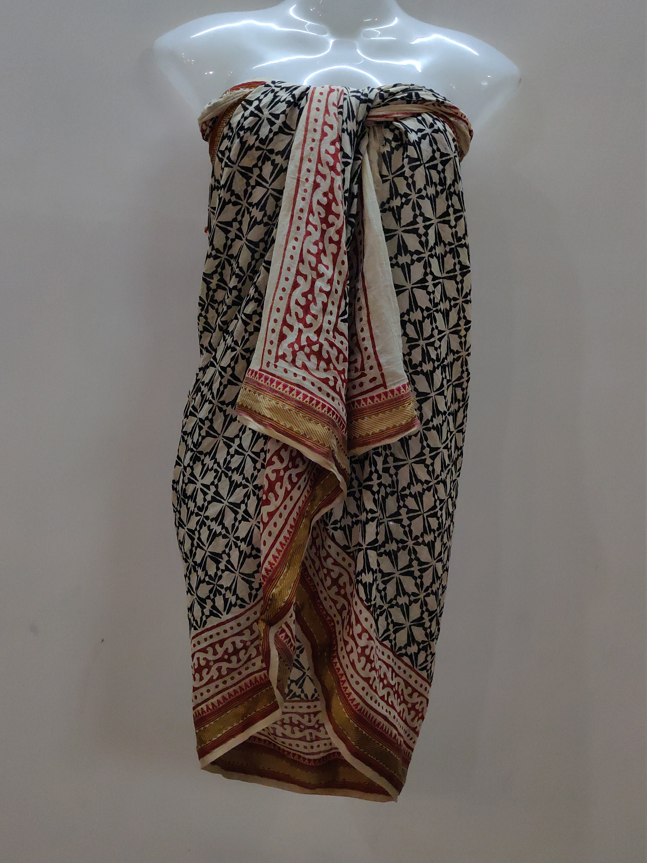 Zari Border Handmade Block Print Bagru Scarf Beach Sarong All Etsy