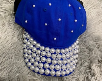 Royal Blue Pearl Baseball Cap, Woman Pearl hat/Bedazzled hat