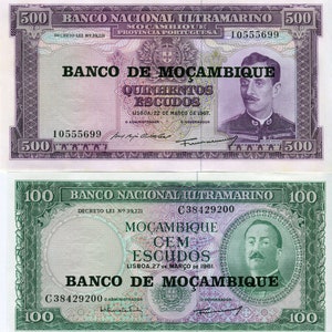 Mozambique Banknote 500 +100 Escudos (1967 1961) Mozambique Geldschein Papiergeld aus Afrika Set 2 Banknoten Bankfrisch UNC.