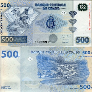 Kongo Banknote 500 Franken Papiergeld aus Afrika UNC.