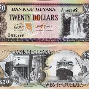 Guyana Banknote 20 Dollars Pick B108i Geldschein aus Guyana Papiergeld aus Afrika Bankfrisch UNC.