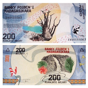 Madagaskar Banknote 200 Ariary Geldschein aus Madagaskar Papiergeld aus Afrika Bankfrisch UNC.