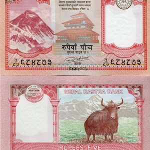Nepal Banknote 5 Rupen Geldschein aus Nepal Papiergeld aus Asien Bankfrisch UNC.