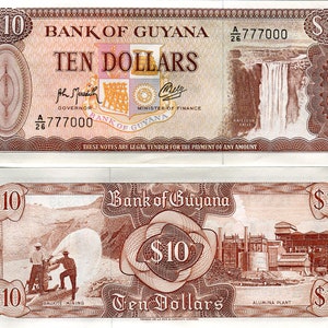 Guyana Banknote 10 Dollars 1993 Pick 23f Geldschein aus Guyana Papiergeld aus Afrika Bankfrisch UNC.